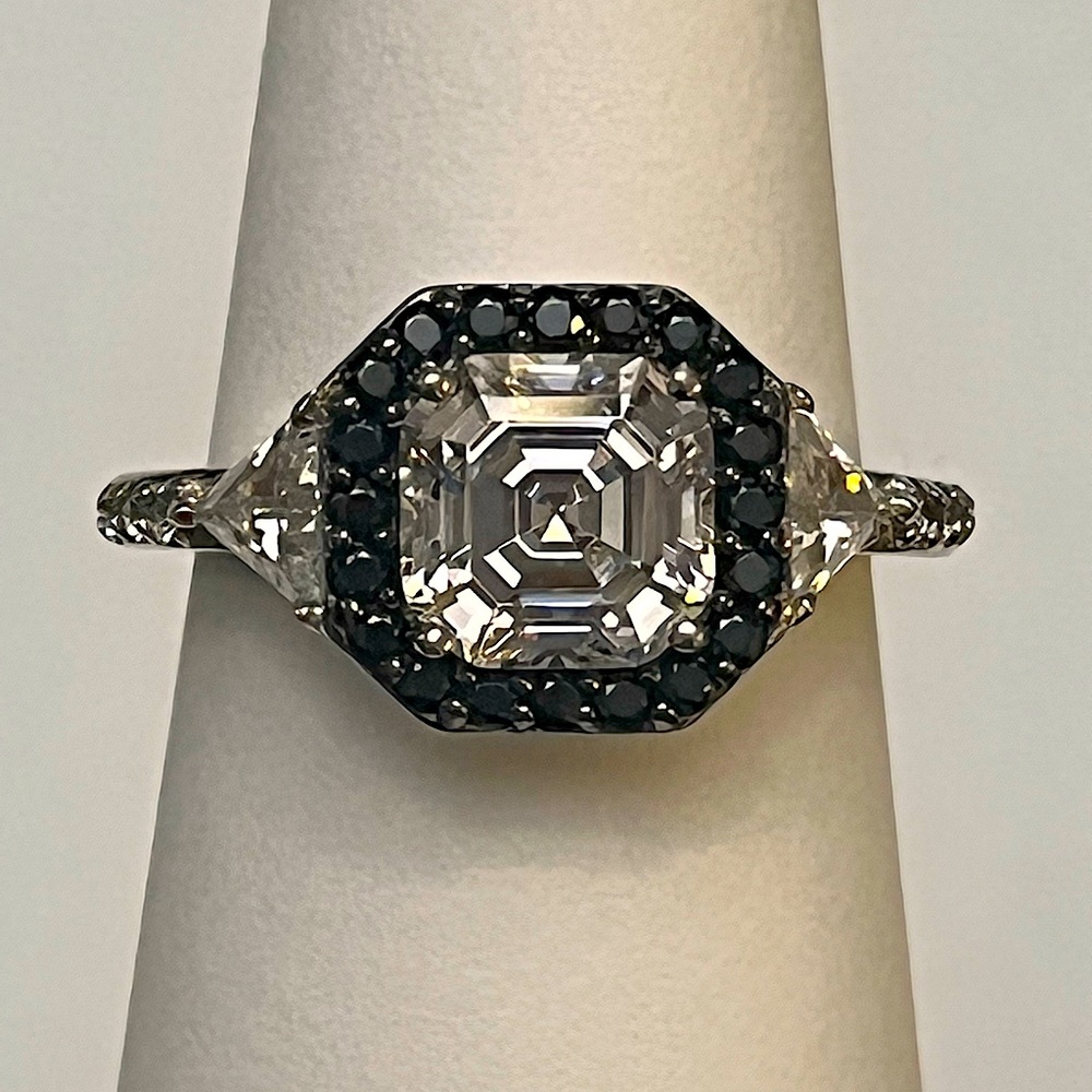 Asscher Cut 2.89 Total CT CZ With Black CZ Halo Sterling Silver 928 Ring Size 7